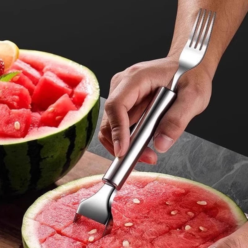 Multifunctional Stainless Steel Watermelon Cutter Tool – Double Head Cutting & Dicing Tool with Fruit Eating Fork
