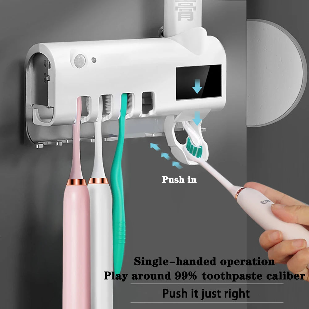Toothbrush Sterilizer, Punch-Free Wall-Mounted Disinfection Rack, Intelligent Sensor UV Toothbrush Holder, Fully Automatic Toothpaste Squeezer