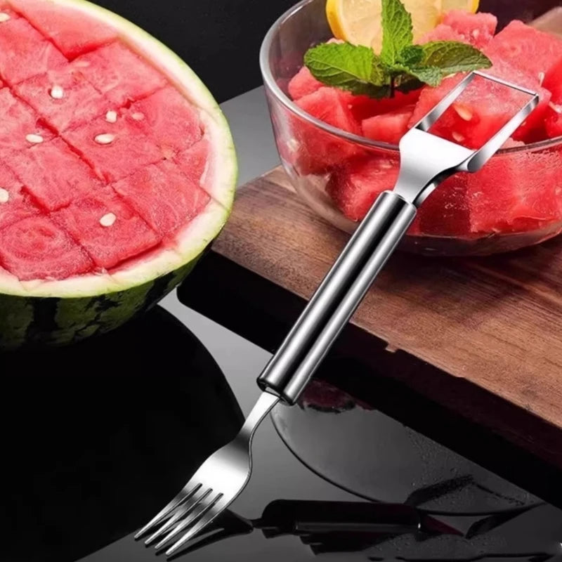Multifunctional Stainless Steel Watermelon Cutter Tool – Double Head Cutting & Dicing Tool with Fruit Eating Fork