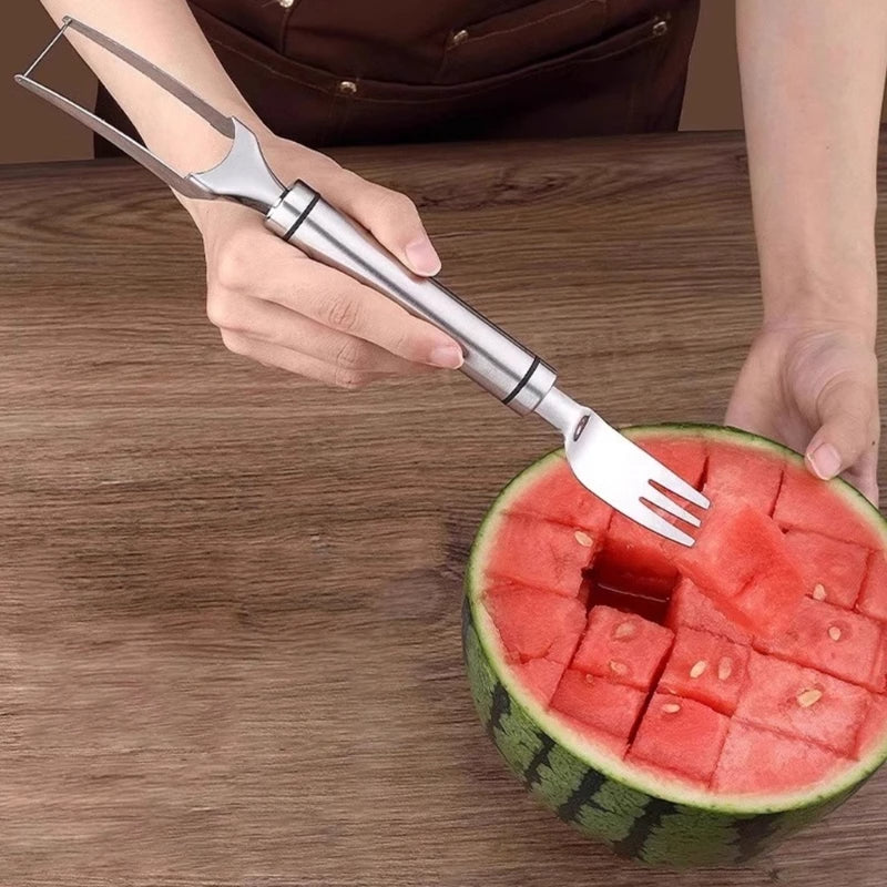 Multifunctional Stainless Steel Watermelon Cutter Tool – Double Head Cutting & Dicing Tool with Fruit Eating Fork