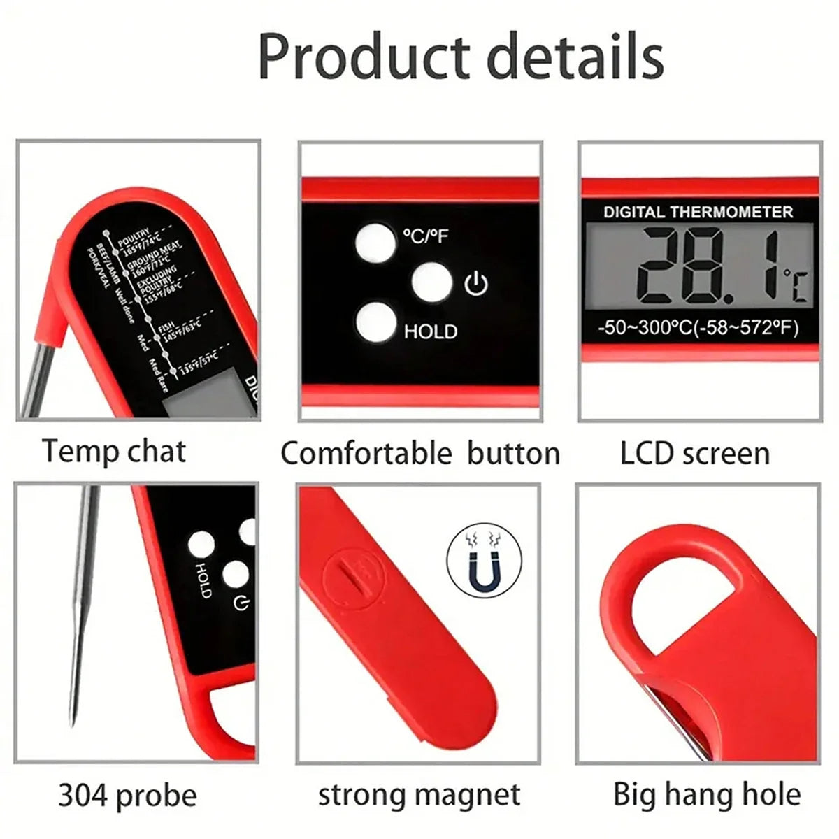 Digital Kitchen Thermometer, Folding Probe Type, Wireless, Digital Display, Kitchen Cooking Baking Food Accurate Electronic Thermometer, Magnet, Luminous, Waterproof