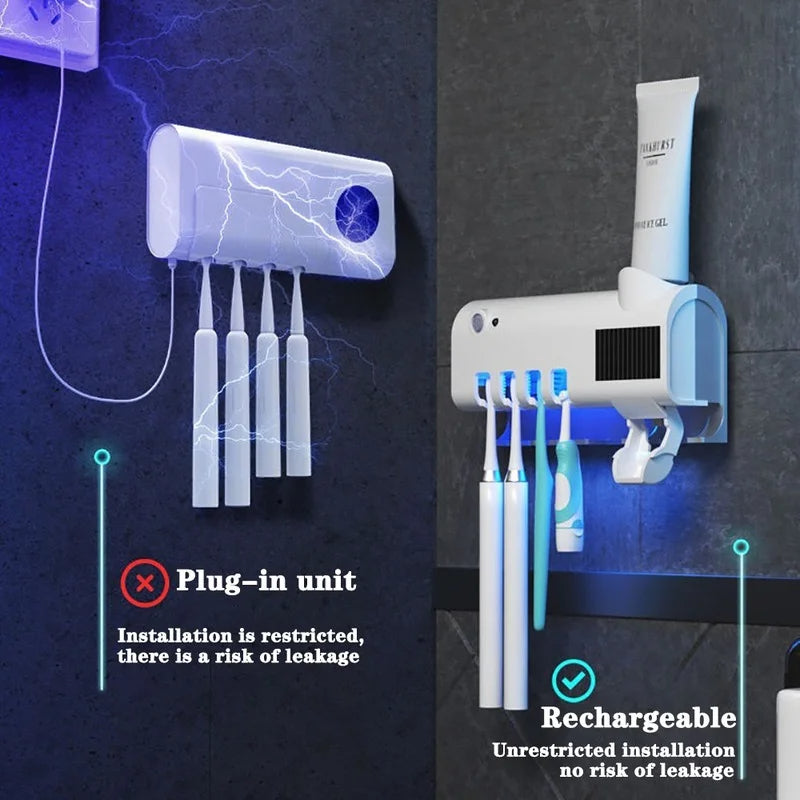 Toothbrush Sterilizer, Punch-Free Wall-Mounted Disinfection Rack, Intelligent Sensor UV Toothbrush Holder, Fully Automatic Toothpaste Squeezer