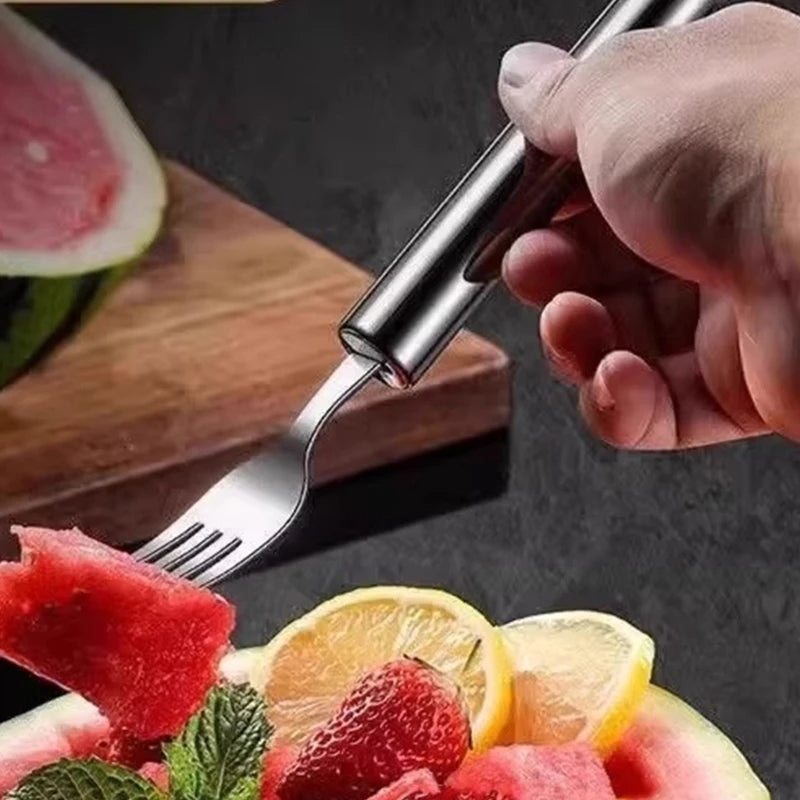 Multifunctional Stainless Steel Watermelon Cutter Tool – Double Head Cutting & Dicing Tool with Fruit Eating Fork
