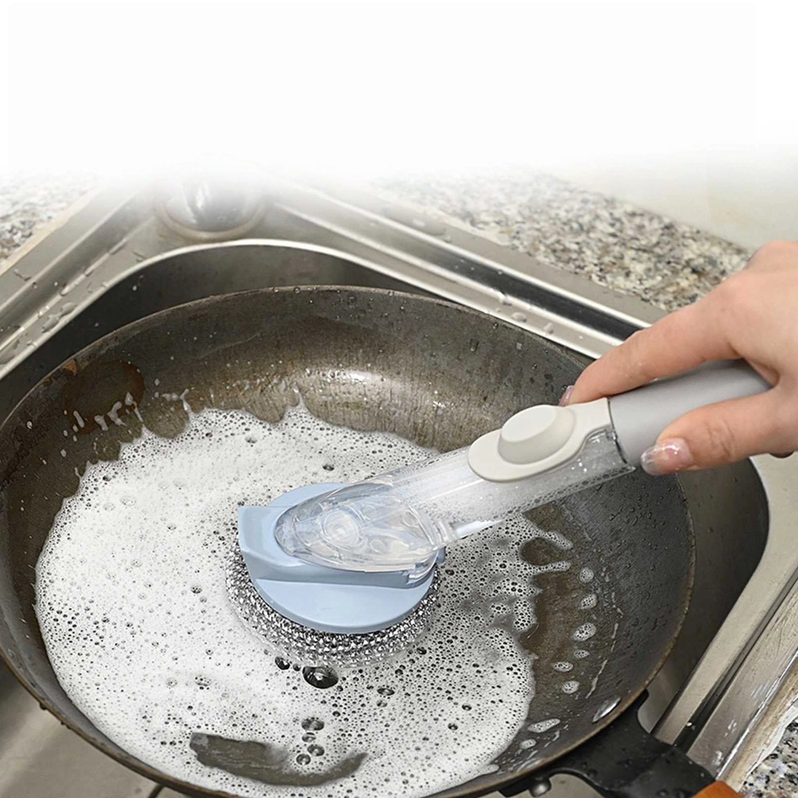 Long Handle Pot Brush – Liquid Dish Scrubber with Replaceable Steel Ball Head – Non-Scratch for Non-Stick Pans, Bowls, and Stove Cleaning