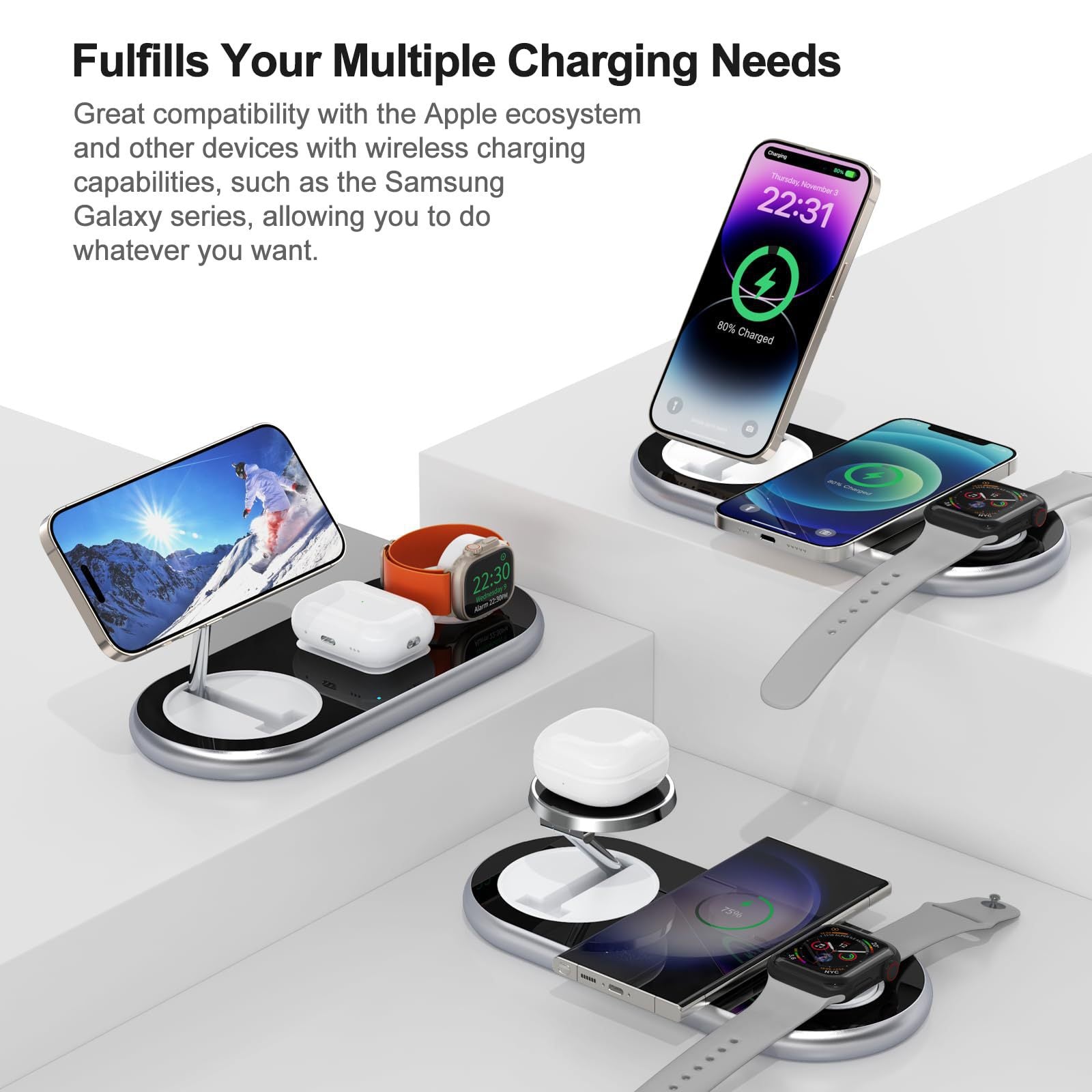 Wireless Charger, Foldable Magnetic Three-in-One Charger, Mobile Phone Charging, Metal Phone Holder