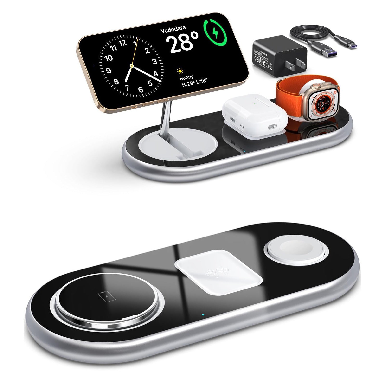 Wireless Charger, Foldable Magnetic Three-in-One Charger, Mobile Phone Charging, Metal Phone Holder