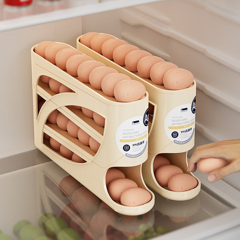Multi-Layer Rolling Egg Storage Box – Automatic Tilt Design Egg Holder for Refrigerator Side Door – Space-Saving Household Egg Organizer