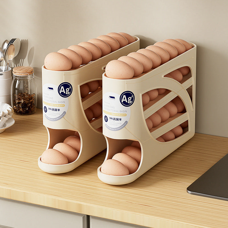 Multi-Layer Rolling Egg Storage Box – Automatic Tilt Design Egg Holder for Refrigerator Side Door – Space-Saving Household Egg Organizer