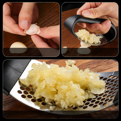 Stainless Steel Garlic Press with Ergonomic Plastic Handle – Manual Curved Garlic Crusher Tool, Household Kitchen Gadget, Easy to Use & Clean