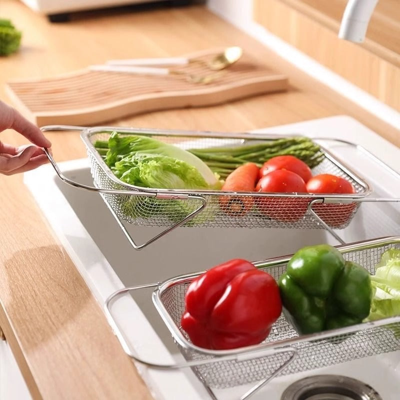 Stainless Steel Retractable Sink Rack, Vegetable Washing Basket And Dish Drain Rack