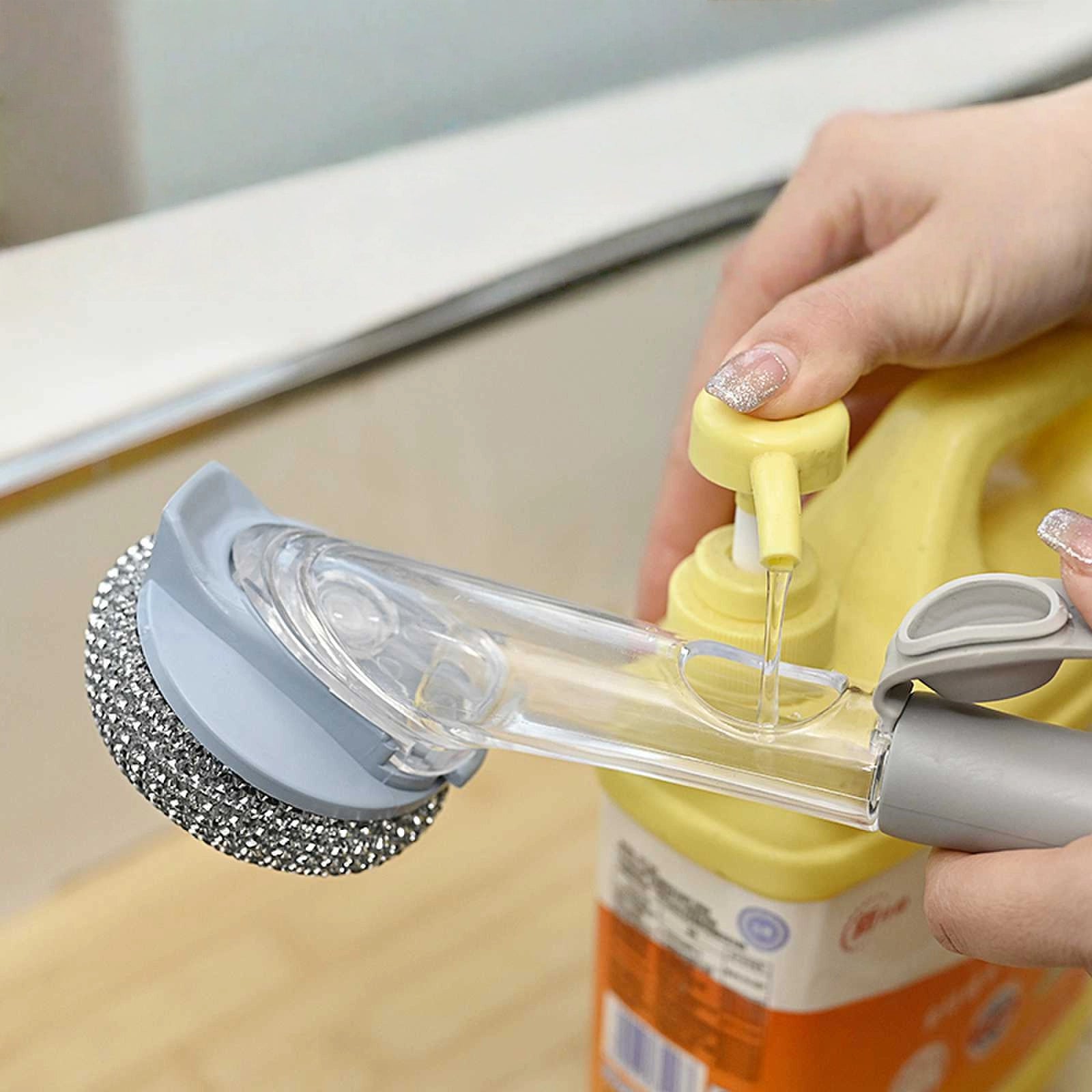 Long Handle Pot Brush – Liquid Dish Scrubber with Replaceable Steel Ball Head – Non-Scratch for Non-Stick Pans, Bowls, and Stove Cleaning