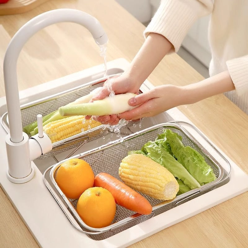 Stainless Steel Retractable Sink Rack, Vegetable Washing Basket And Dish Drain Rack