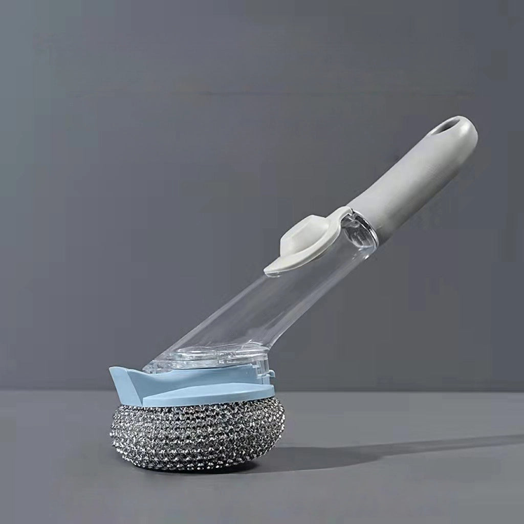 Long Handle Pot Brush – Liquid Dish Scrubber with Replaceable Steel Ball Head – Non-Scratch for Non-Stick Pans, Bowls, and Stove Cleaning