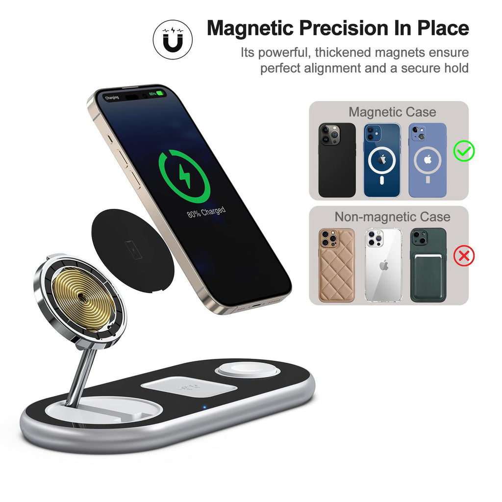 Wireless Charger, Foldable Magnetic Three-in-One Charger, Mobile Phone Charging, Metal Phone Holder