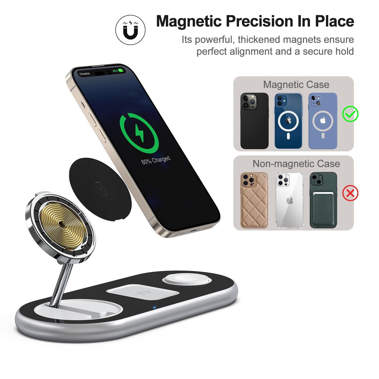 Wireless Charger, Foldable Magnetic Three-in-One Charger, Mobile Phone Charging, Metal Phone Holder