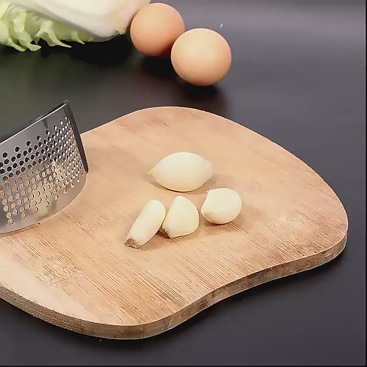 Stainless Steel Garlic Press with Ergonomic Plastic Handle – Manual Curved Garlic Crusher Tool, Household Kitchen Gadget, Easy to Use & Clean
